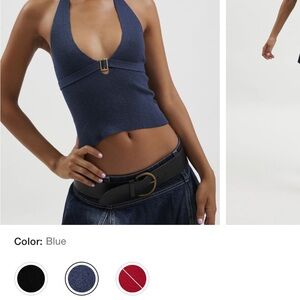 Blue plunge neckline sleeveless crop top with cut out features